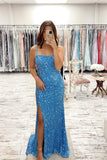 Blue Sequin Straps Mermaid Long Prom Dress with HZ0307