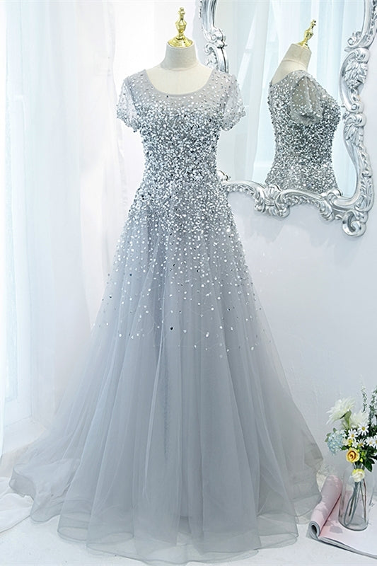 Cap Sleeves Silver Sequins A-line Long Formal HZ0307