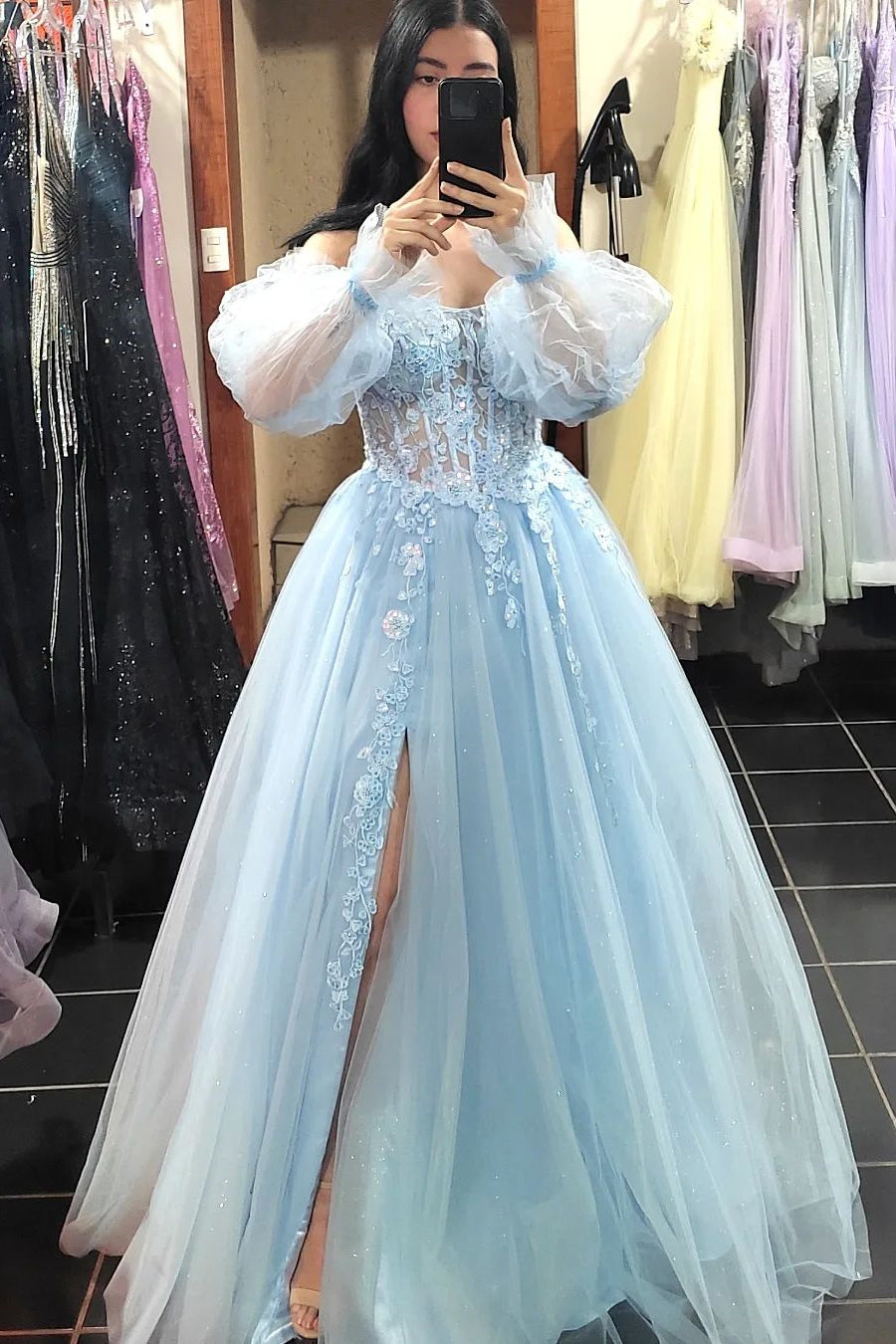 Princess Light Blue Lace Appliques A-line Formal HZ0307