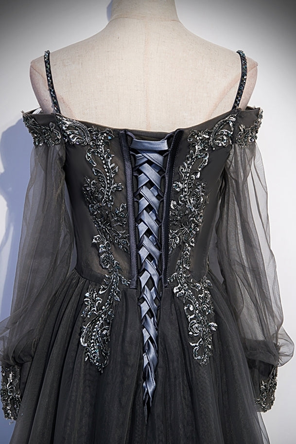 Grey Tulle A-line Long Formal Dress with Long HZ0307