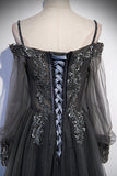 Grey Tulle A-line Long Formal Dress with Long HZ0307