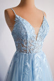 Straps Light Blue Tulle and Lace Appliques Long Formal HZ0307