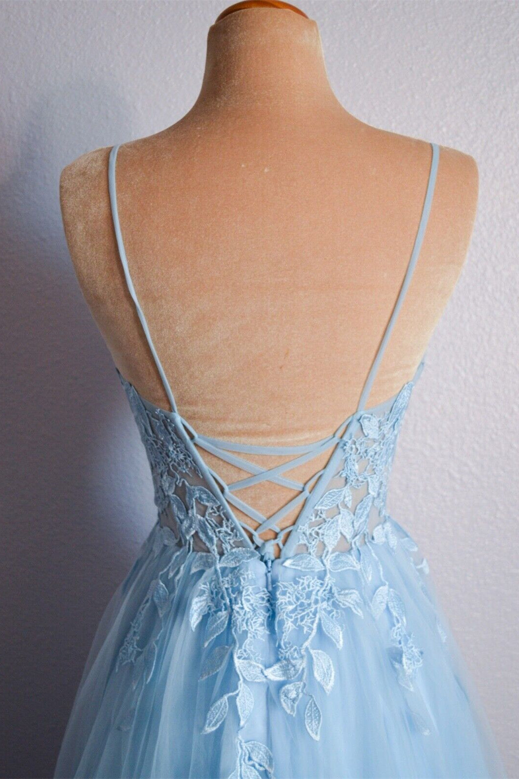 Straps Light Blue Tulle and Lace Appliques Long Formal HZ0307
