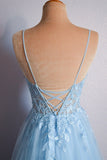 Straps Light Blue Tulle and Lace Appliques Long Formal HZ0307