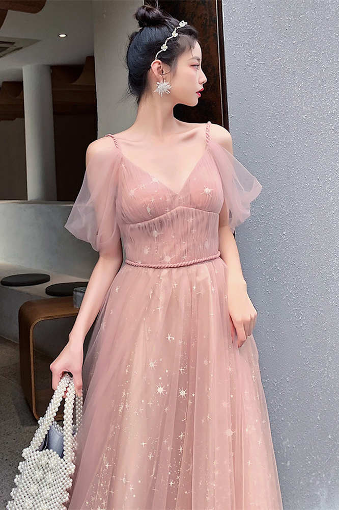 Straps A-line Blush Pink Tulle Long Party HZ0307