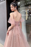 Straps A-line Blush Pink Tulle Long Party HZ0307