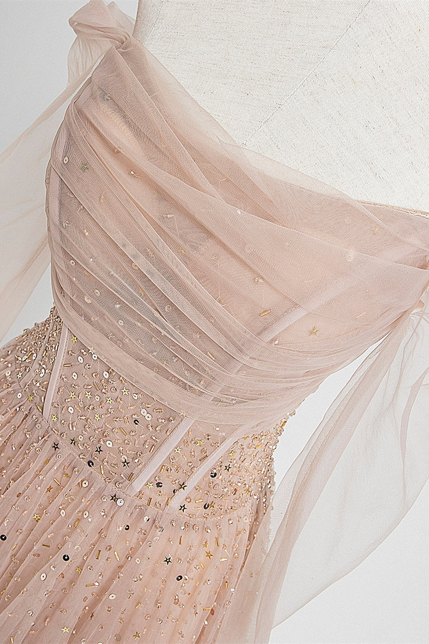 Nude Long Sleeves Tulle and Sequins Long Prom HZ0307