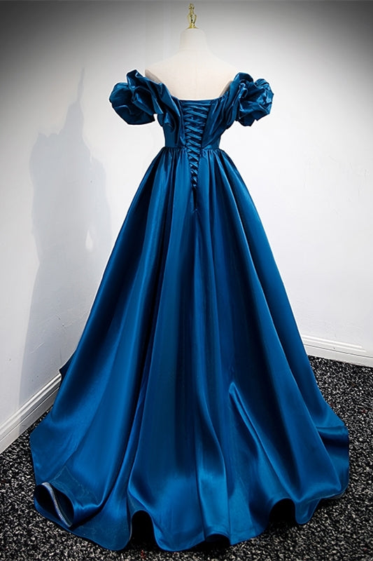 Blue Off the Shoulder A-line Satin Long Formal HZ0307