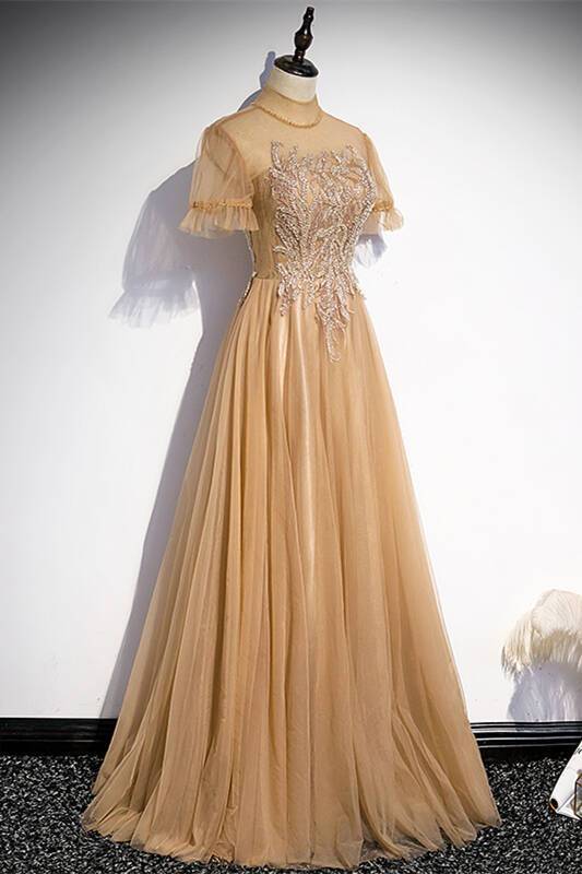 Short Sleeves Champagne Long Party Dress with High HZ0307