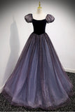 Navy Blue A-line Short Puffy Sleeves Princess Long HZ0307