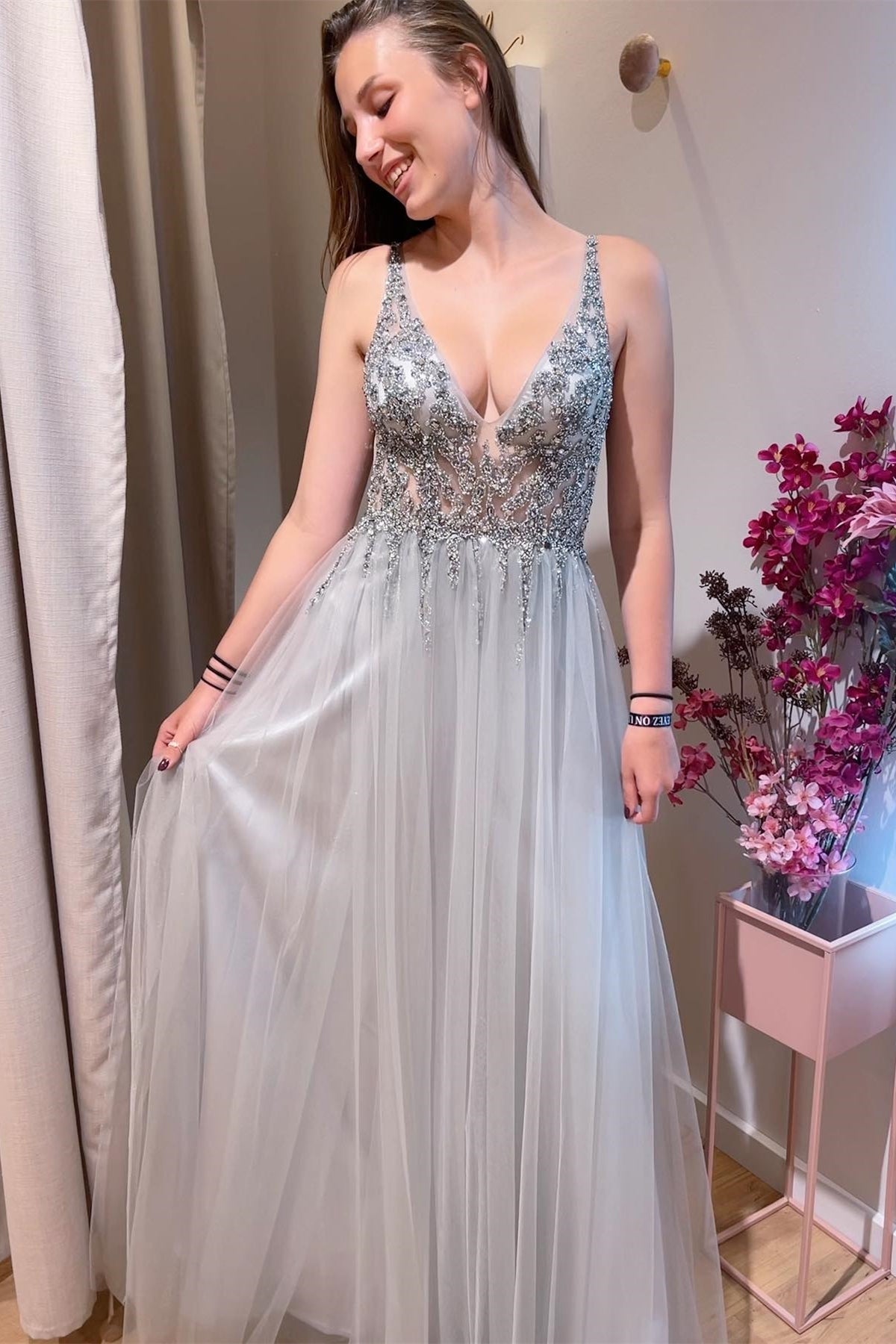 Grey Beaded Plunge A-line Long Formal HZ0307
