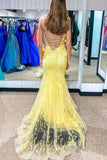 Mermaid Yellow Lace Appliques Straps Long Prom HZ0307