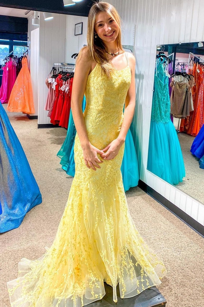 Mermaid Yellow Lace Appliques Straps Long Prom HZ0307