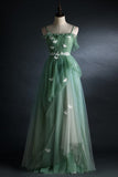 Spaghetti Straps Green Tulle Long Formal HZ0307
