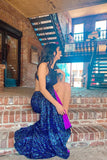 Sexy Halter Royal Blue Sequin Mermaid Long Prom HZ0307