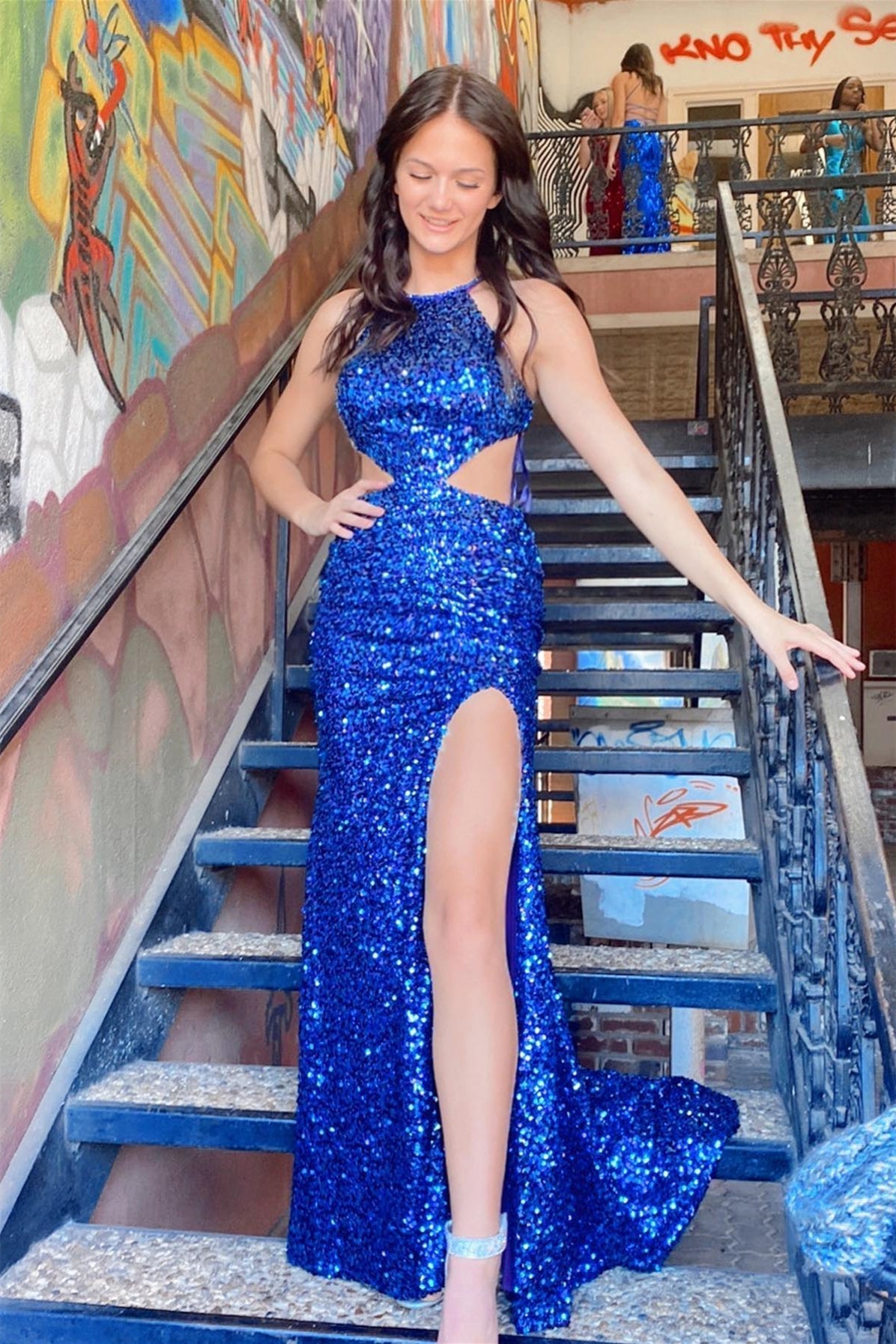 Sexy Halter Royal Blue Sequin Mermaid Long Prom HZ0307