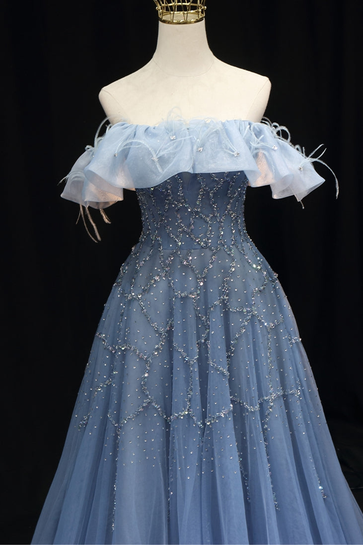 Off the Shoulder Blue Beaded A-line Long Formal HZ0307