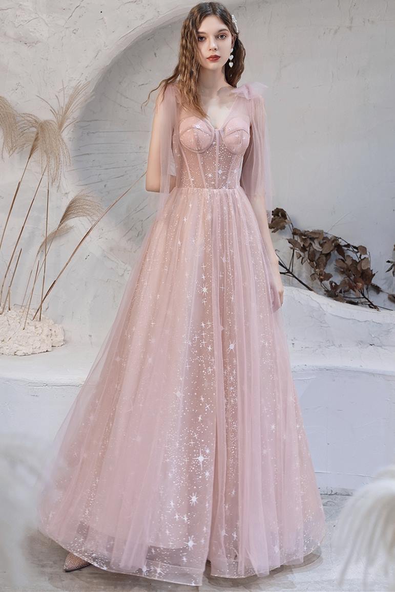 Pink A-line Tulle Long Prom Dress with Lace Up HZ0307