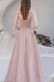 Pink A-line Tulle Long Prom Dress with Lace Up HZ0307