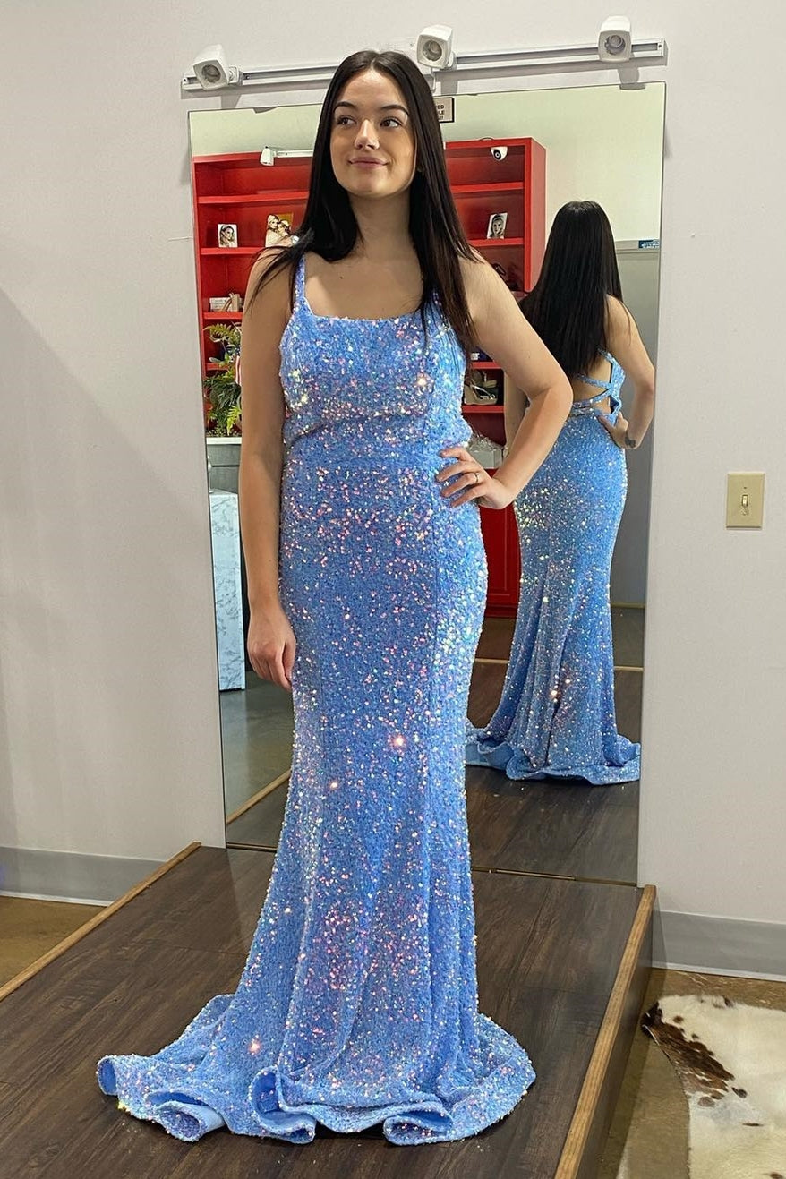 Straps Blue Sequin Mermaid Long Prom Dress with Cross HZ0307