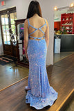 Straps Blue Sequin Mermaid Long Prom Dress with Cross HZ0307