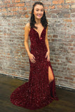 Wine Red Sequin Straps Mermaid Long Prom HZ0307