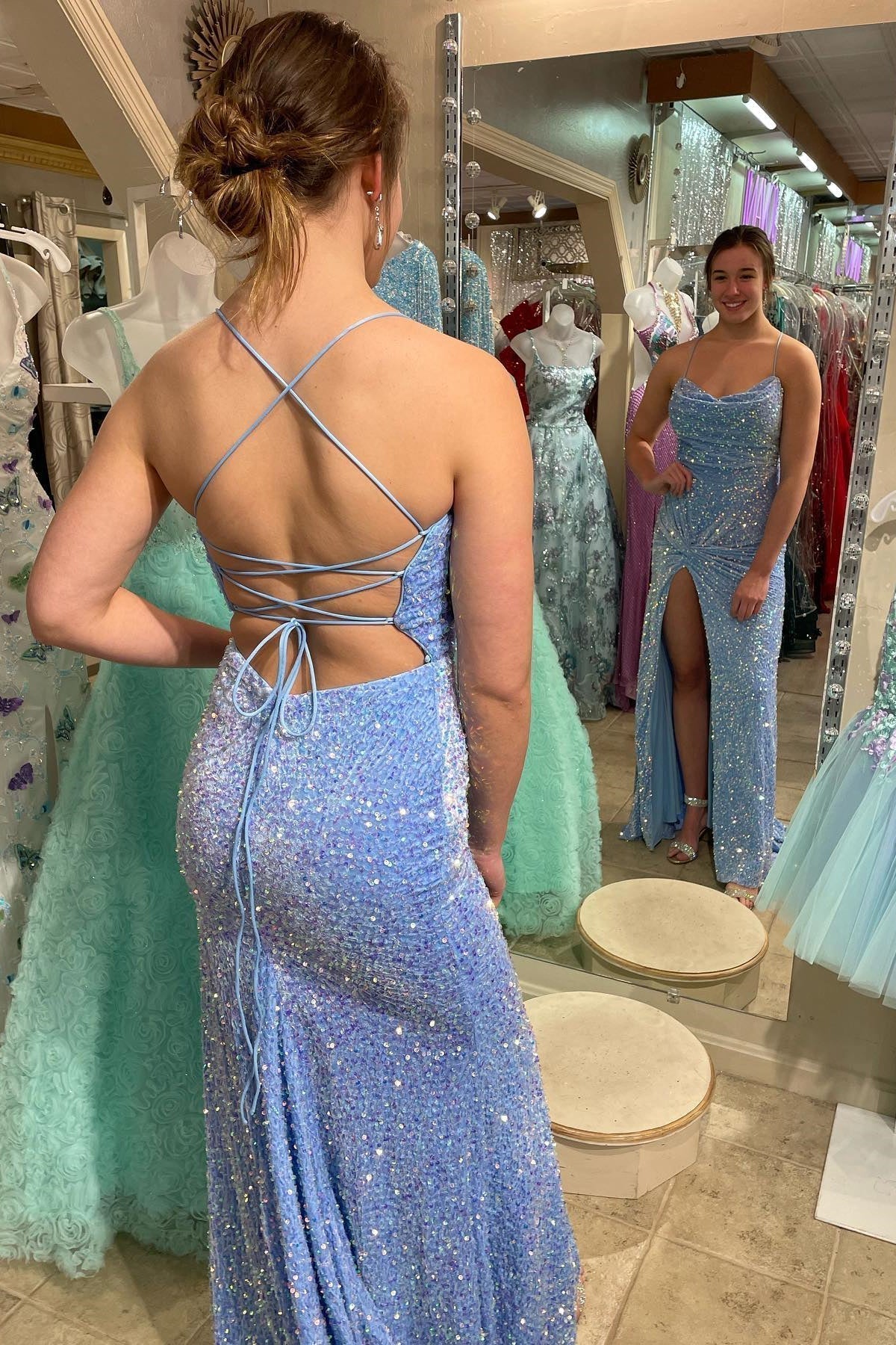Glitters Blue Sequin Cowl Neck Mermaid Long Formal HZ0307