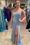 Glitters Blue Sequin Cowl Neck Mermaid Long Formal HZ0307