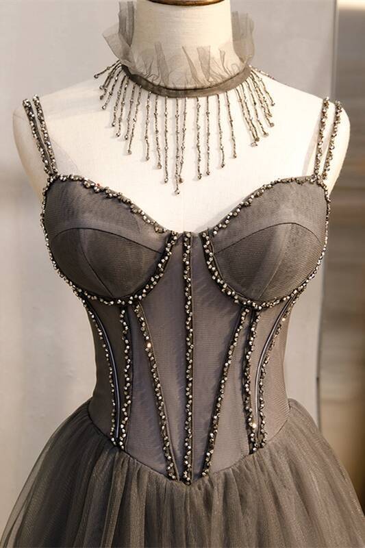 Double Straps Grey A-line Long Prom HZ0307