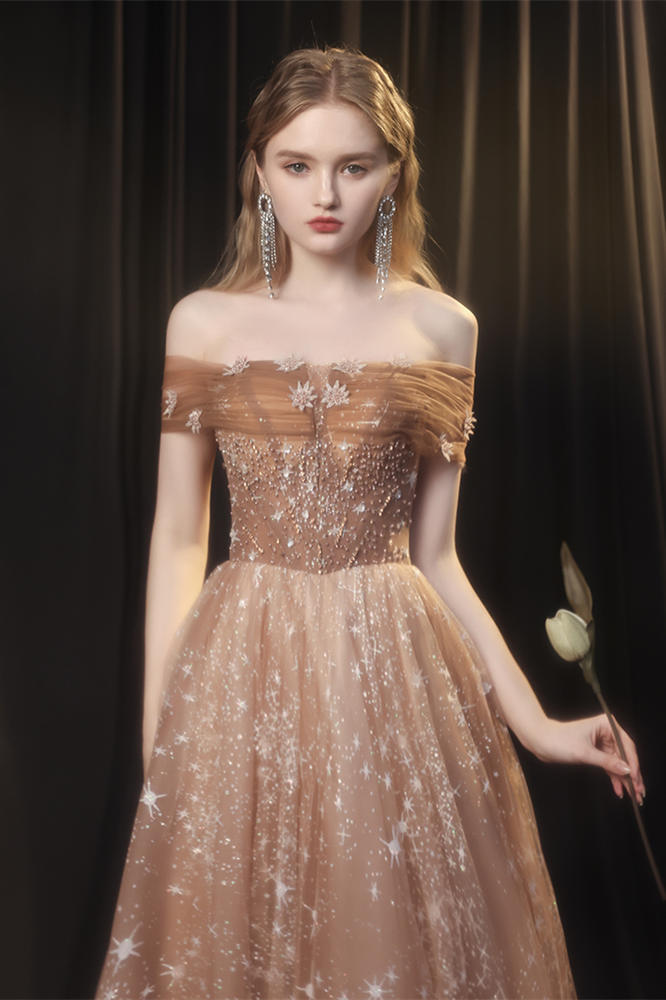 Gorgeous Off the Shoulder Champagne and Stars Long Evening HZ0307