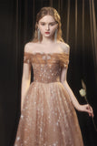 Gorgeous Off the Shoulder Champagne and Stars Long Evening HZ0307