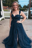 Dark Navy Appliques A-line Long Formal HZ0307