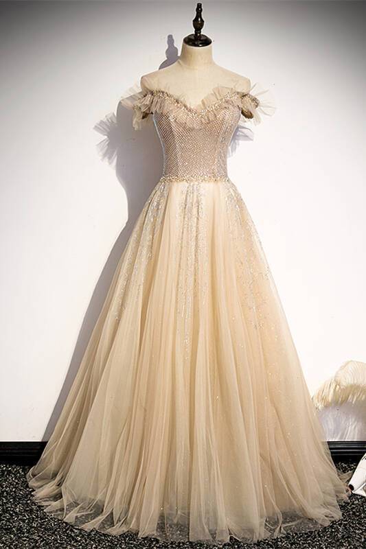 Off the Shoulder Champagne Long Party HZ0307