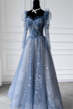 Long Sleeves Blue Beaded Tulle Long Prom HZ0307