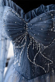 Long Sleeves Blue Beaded Tulle Long Prom HZ0307