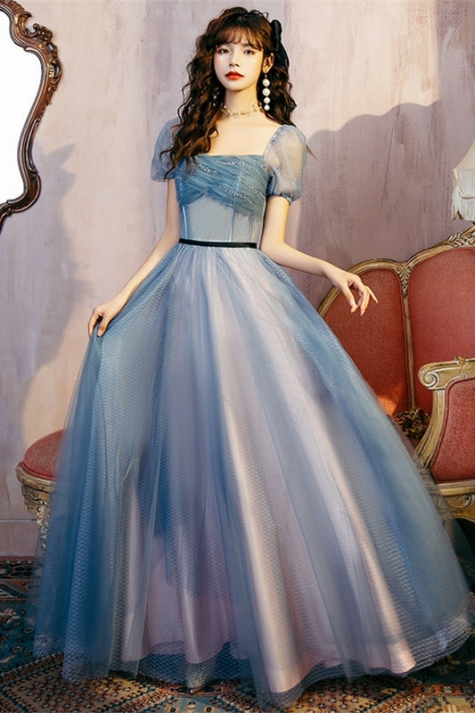 Fairy Short Sleeves Blue Long Formal HZ0307