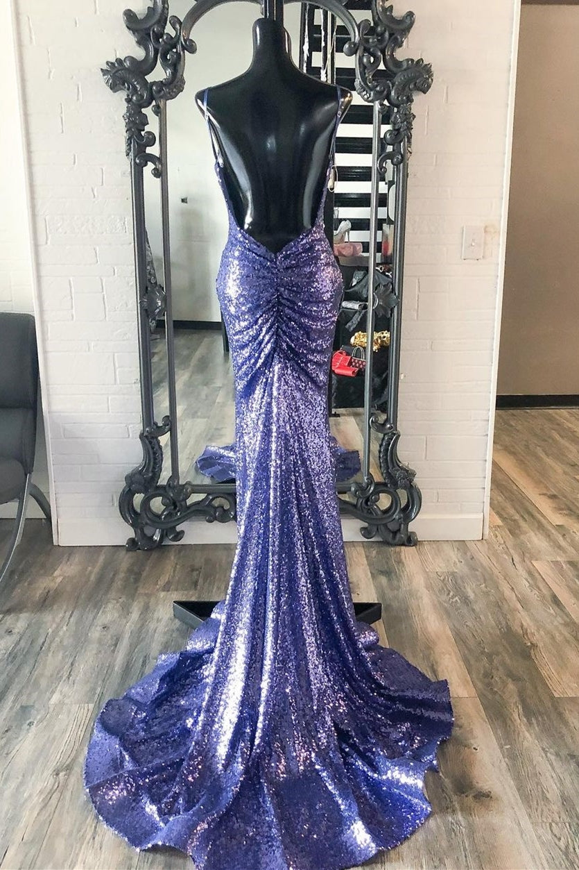Stunning Purple Sequins Mermaid Backless Long Formal HZ0307