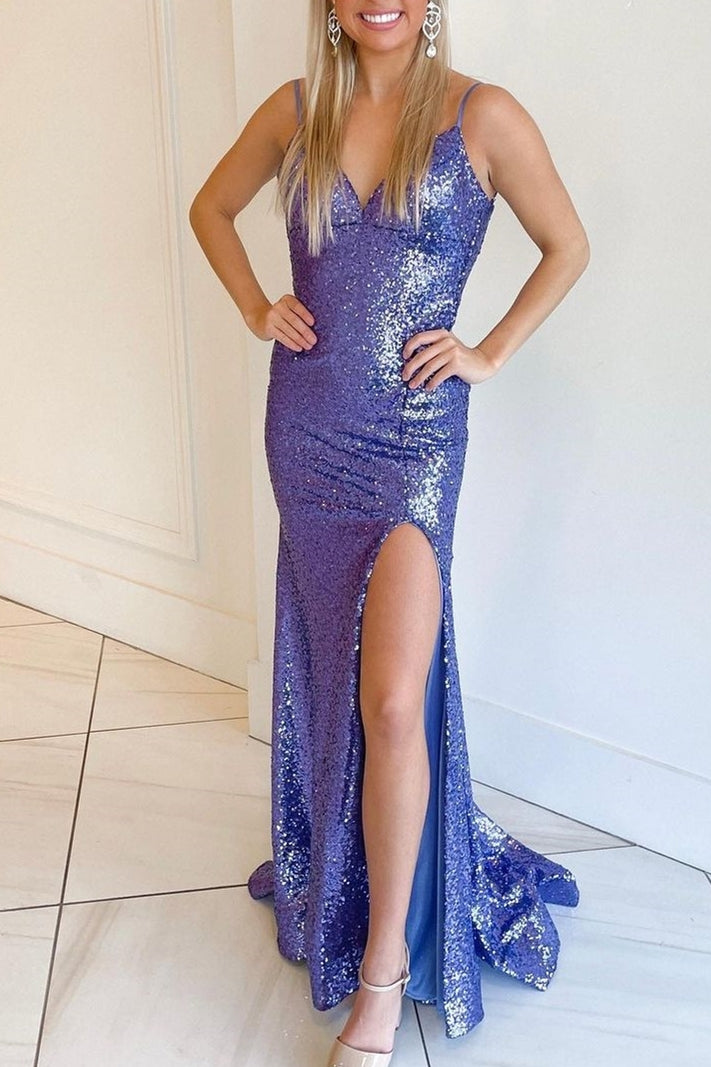 Stunning Purple Sequins Mermaid Backless Long Formal HZ0307