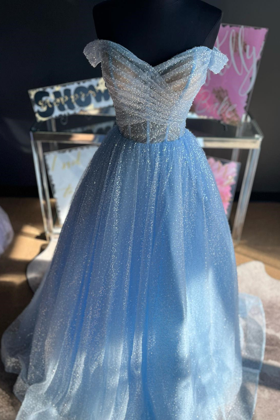 Light Blue Pleated Off the Shoulder A-line Long Formal HZ0307