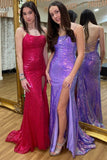 Elegant Fuchsia Sequin Straps Mermaid Long Prom HZ0307