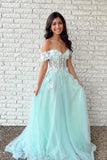 LTP0966,Adorable mint green a line prom dresses off the shoulder floral applique evening party HZ0307