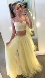 LTP0784,Light yellow two pieces lace prom dresses beaded side slit evening HZ0307