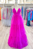 V Neck Fuchsia Tulle A-line Party HZ0307