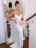 LTP1214,Sweep/Brush Charmeuse Sheath/Column Straps Spaghetti Ruched Sleeveless Train Wedding HZ0307