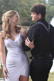 LTP1169,Shiny Light Grey V-Neck Short Homecoming HZ0307