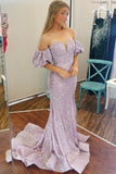 Lavender Sequin Mermaid Long Prom Dress with Short Puff HZ0307
