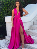 LTP1729, Sexy Hot Pink Long Prom Dresses, A-Line Evening Dresses, V-Neck Split Prom Formal HZ0307
