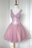 LTP1768,Pink Tulle Mini Homecoming Dress, Applique Ruched Applique Cocktail HZ0307