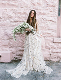 Lovely Starry V-neck Tulle Prom Dresses Long Sleeves Celebrity HZ0307