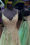 Straps Sage Green Lace Appliques Tulle Long Prom HZ0307